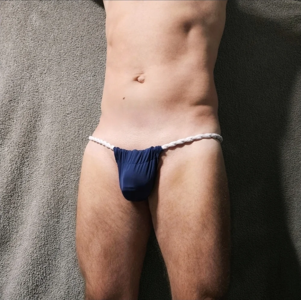 Navy Blue Bikini Swim Bottom with White Rope Detail - Picture 6 of 7